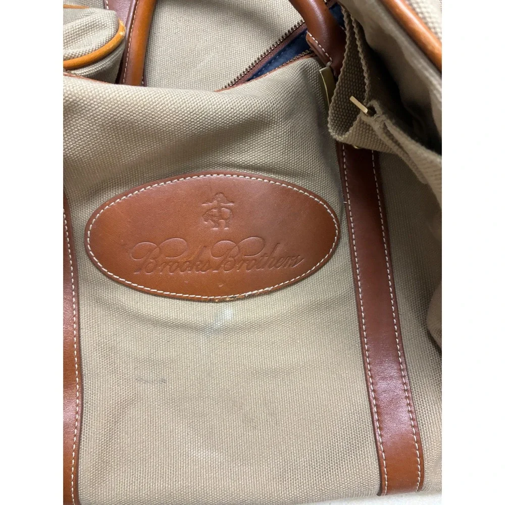 Brooks Brothers Canvas Leather Trim Duffle Bag Tan Brown Travel Weekender 4989